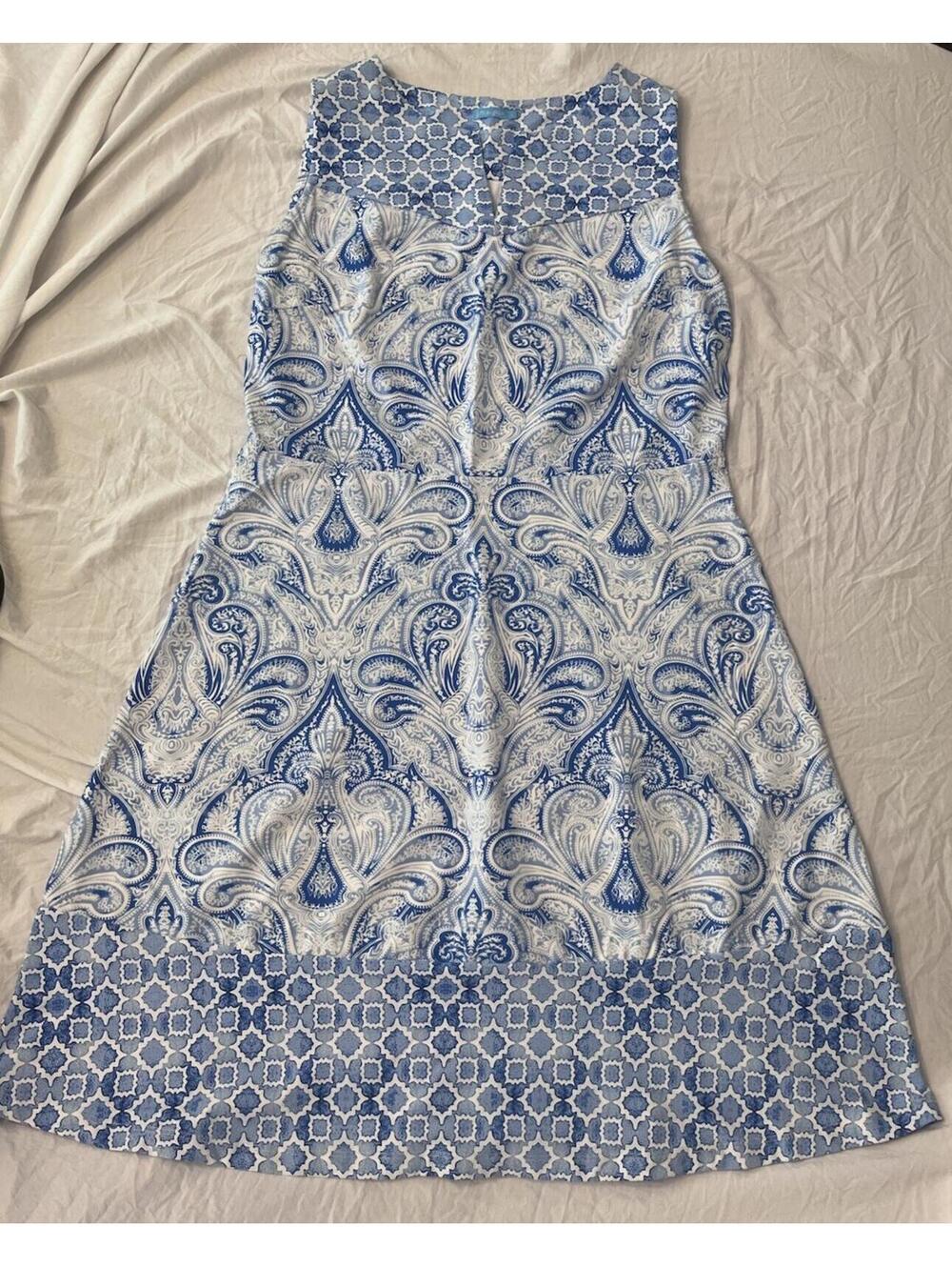 J McLaughlin Blue and White Paisley & Geometric Print Sleeveless Shift Dress L